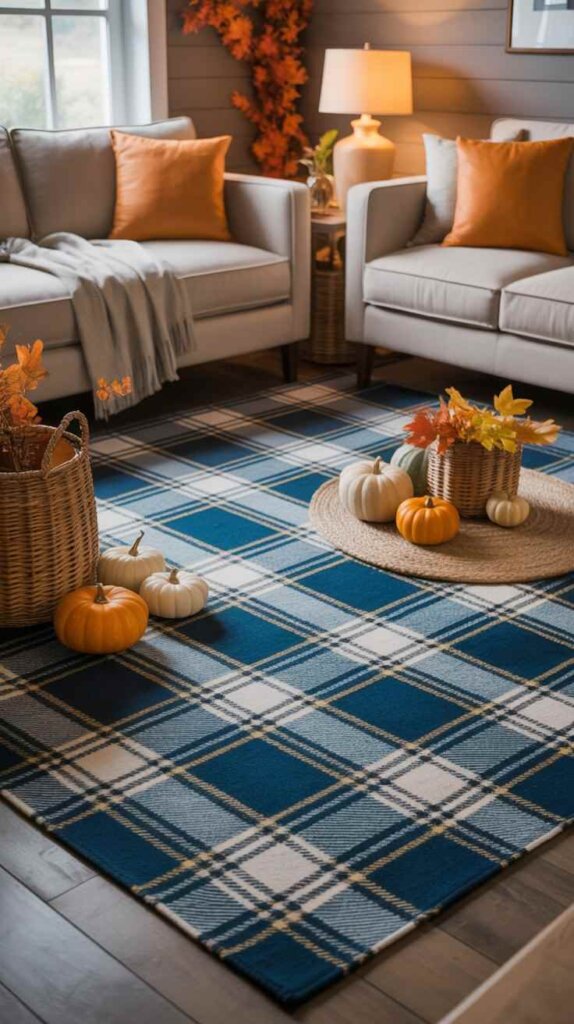 Blue Plaid Rug with Pumpkin Accents