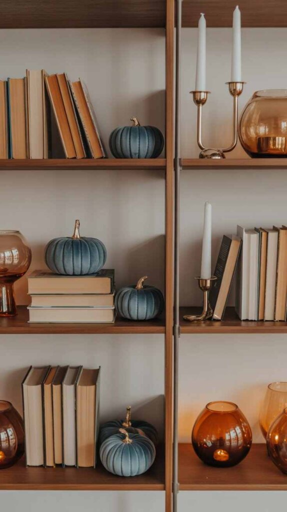 Blue Velvet Pumpkins on Bookshelves