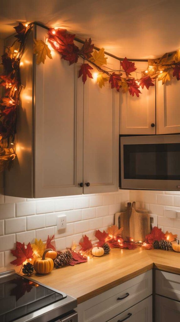 Fall Garland Over Cabinets