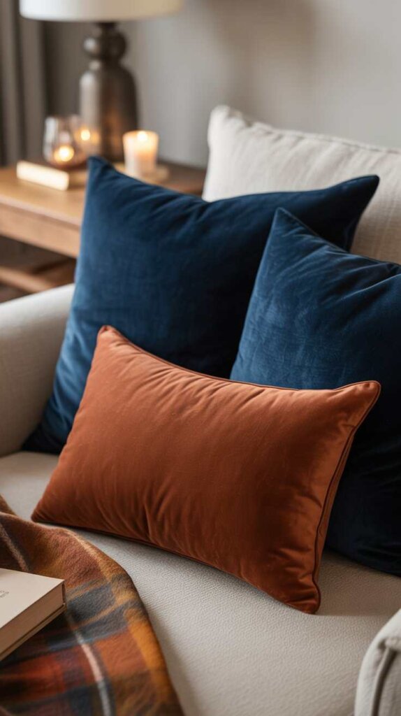 Navy Blue Throw Pillows with Rust Accents