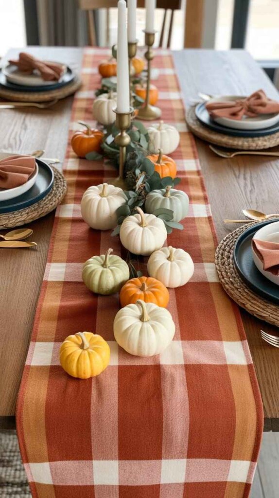 Plaid Table Runner with Mini Gourds