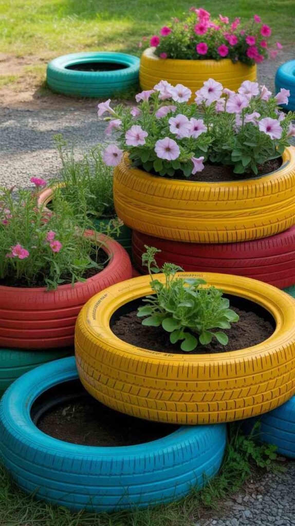Recycled Tire Flower Beds