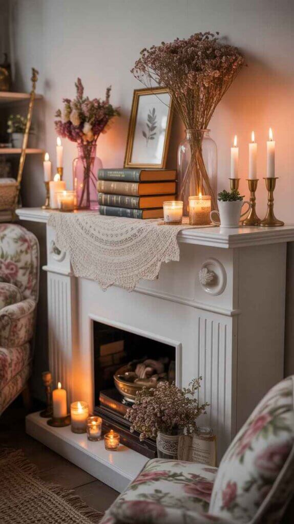 Cottagecore White Fireplace Vibe