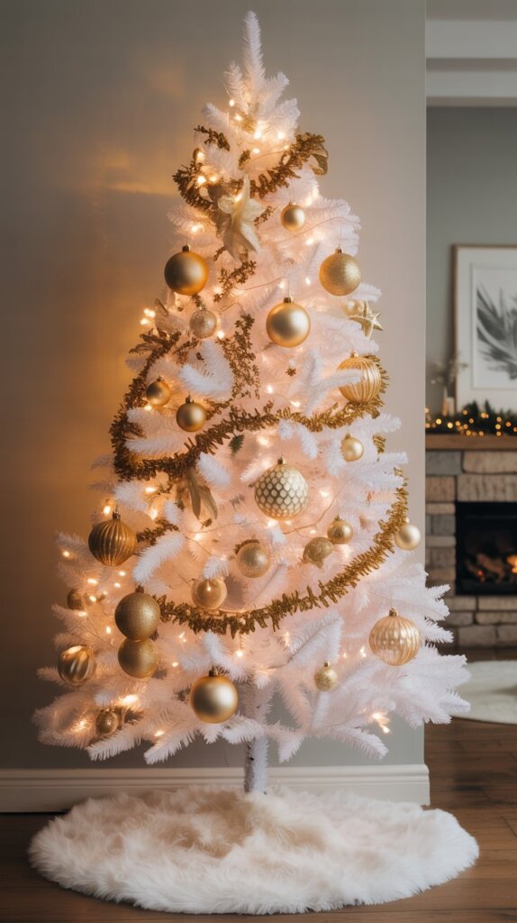 Golden Ornaments on a White Tree