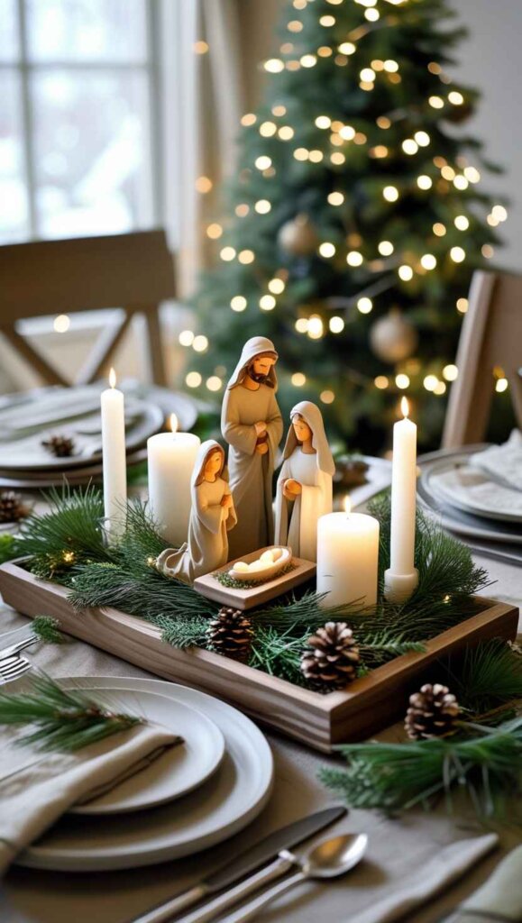 A cozy Christmas dining table with a simple nativity centerpiece. The Holy Family figurines sit on a wooden tray, surrounded by soft greenery, pine sprigs, and a few scattered pinecones. Three white pillar candles glow gently around the nativity, casting a warm, serene light. The table is set with neutral-toned plates, linen napkins, and simple silverware for an understated, elegant feel. In the background, a softly lit Christmas tree and twinkling fairy lights add a festive yet reverent atmosphere.