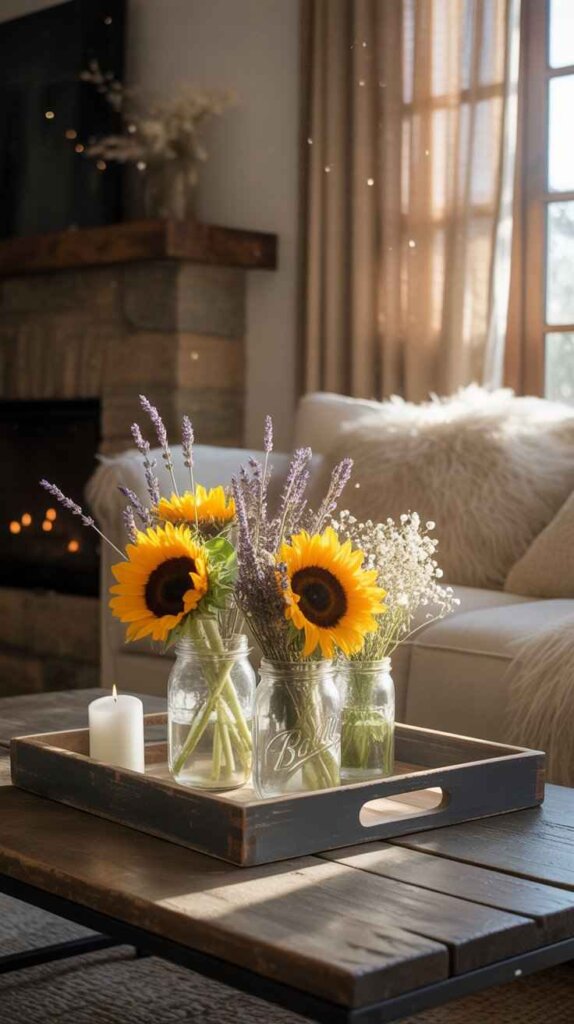 Rustic Wooden Tray with Mason Jars