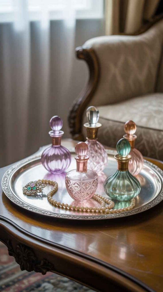 Silver Serving Tray with Perfume Bottles