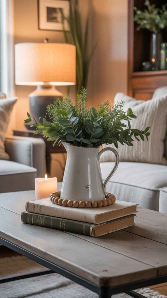 Stack of Vintage Books with a Ceramic Pitcher