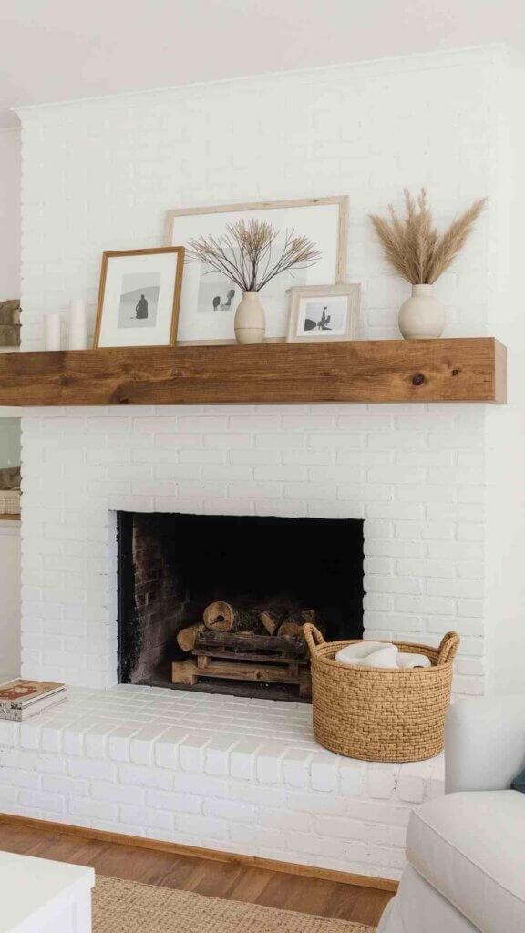 White Brick Fireplace with Chunky Wood Mantel
