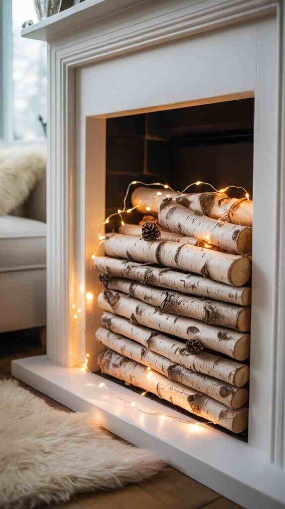 White Fireplace with Stacked Logs