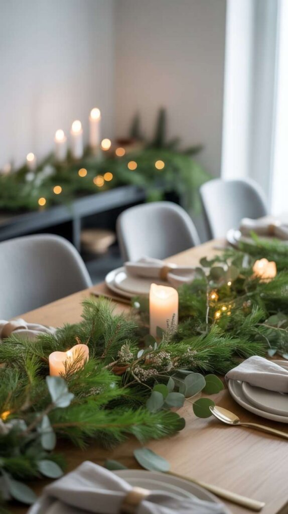 A modern dining room styled with natural Christmas greenery. Fresh pine branches and eucalyptus are laid across a long dining table as a simple, organic centerpiece. Candles in minimalist holders are tucked among the greenery, casting a soft warm glow. The table is set with neutral modern dishware and linen napkins, enhancing the natural aesthetic. The room has clean modern lines with white or soft gray walls, but the greenery adds texture, life, and a sense of warmth. Natural light streams in, highlighting the freshness and fragrance of the arrangement.