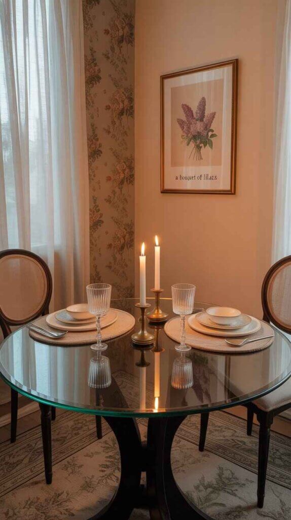 Cozy small dining room with a round glass-top table, soft candlelight reflecting on the surface, warm and inviting atmosphere.
